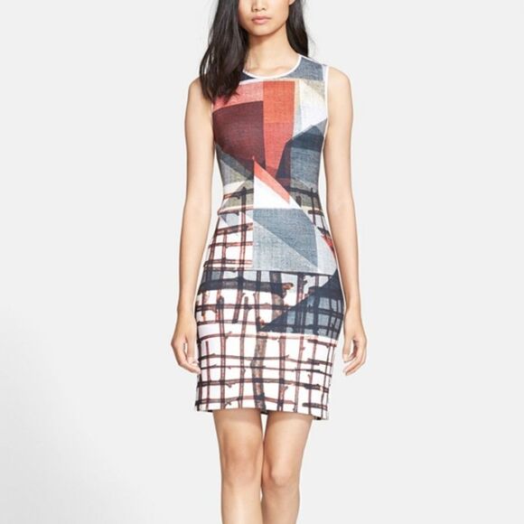 🆕️ Clover Canyon Gradient Plaid Neoprene Bodycon Sheath Dress in Red - Picture 2 of 16